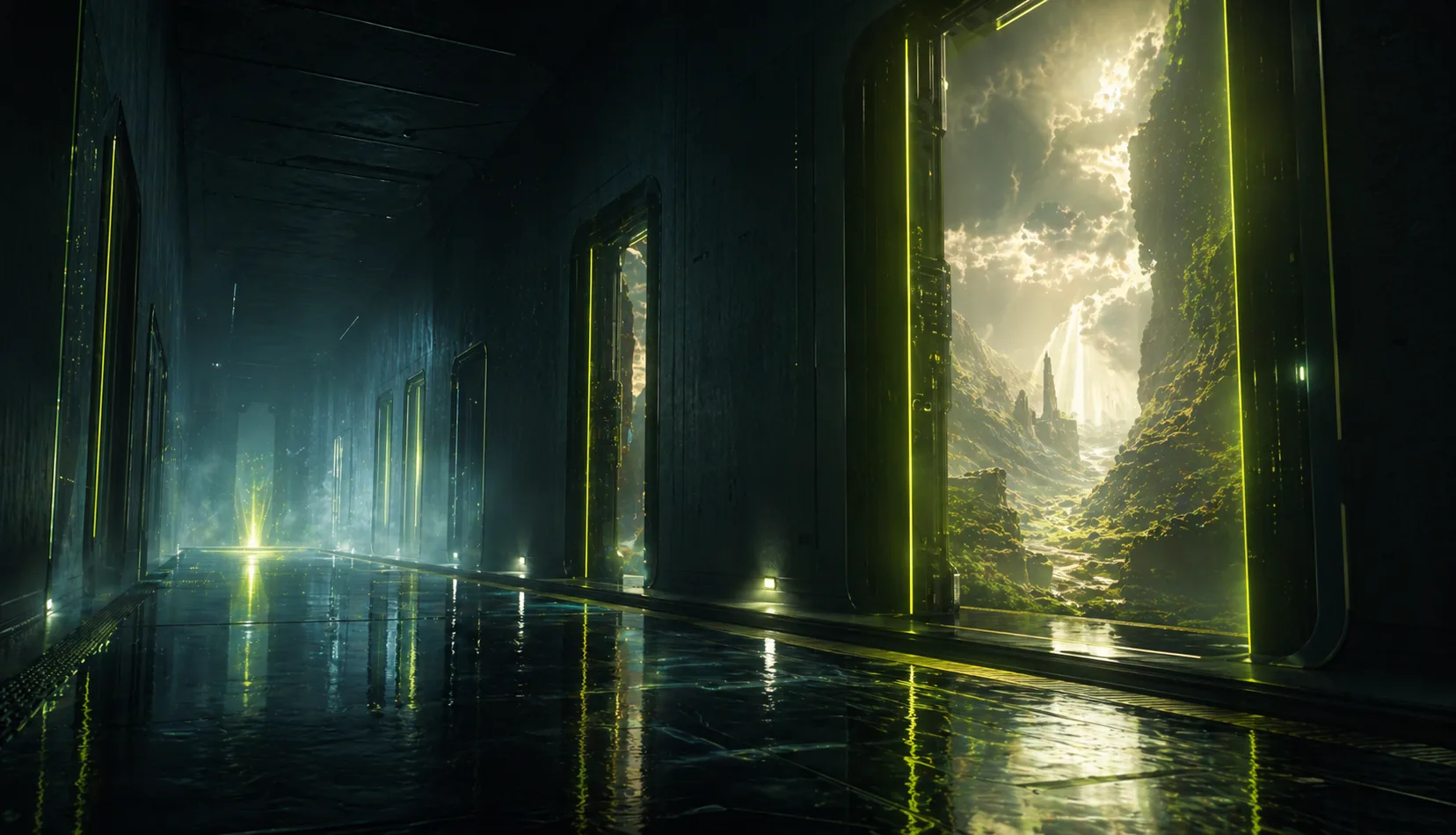 Science fiction corridor frame for VEO 3.1 context